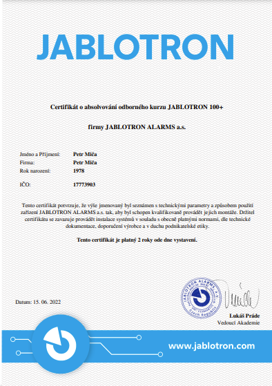 Cetifikát o absolvování odborného kurzu JABLOTRON 100+ firmy Jablotron alarms a.s.